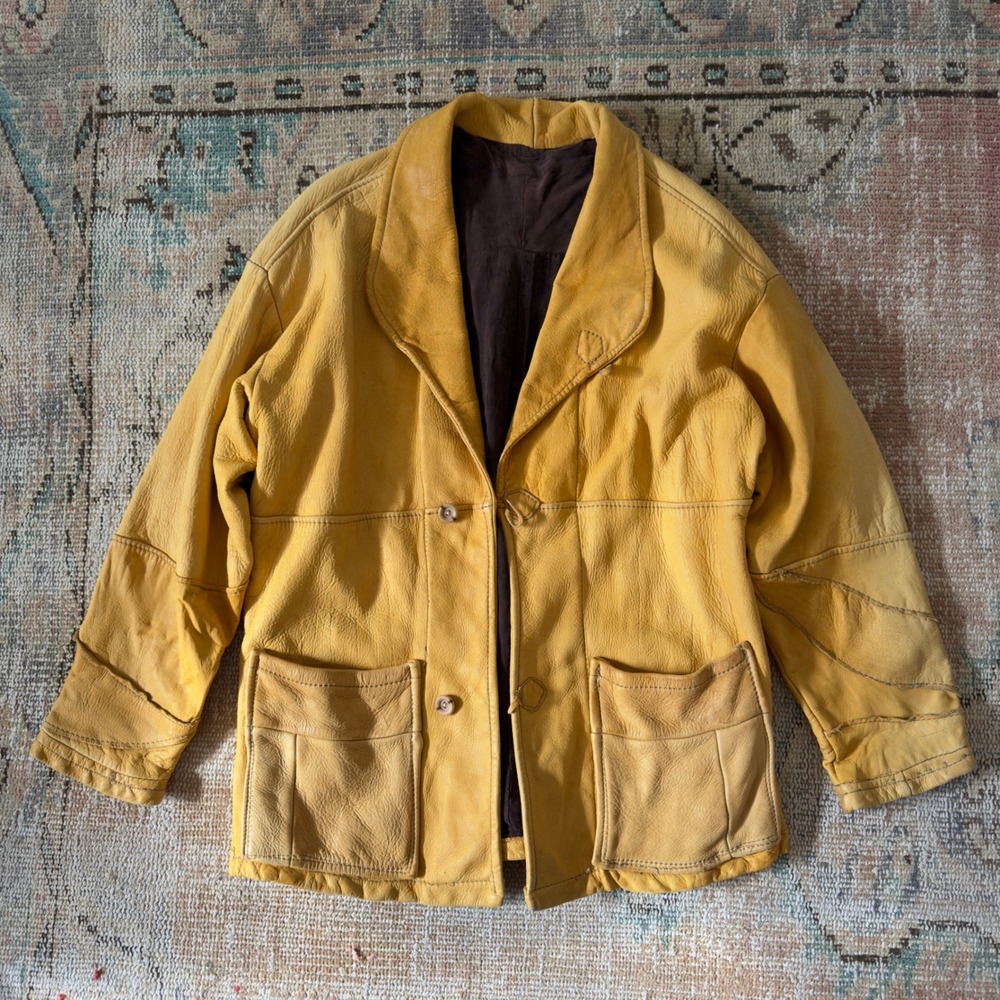 Vintage Yellow Buckskin Leather Jacket Silk Lined‎ Western Boho Coat Mens Large